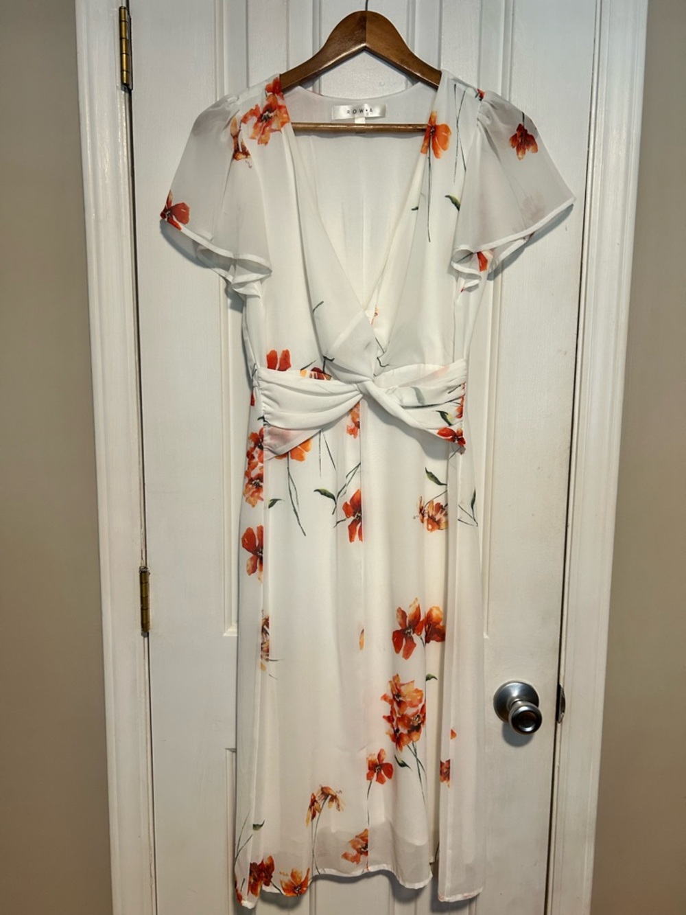 Row A White Floral Twist-Front Midi Dress Orange Flower Print | Size Medium